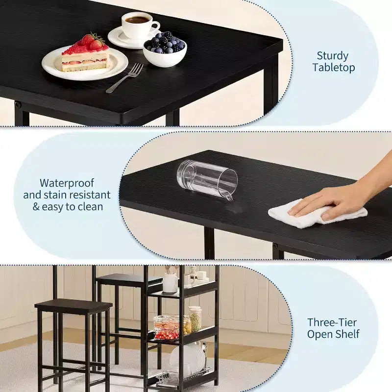 Ensemble de table de cuisine 3 pièces avec étagères de rangement et 2 tabourets de bar - Table à manger en fer et bois pour petits espaces, appartements, copropriétés