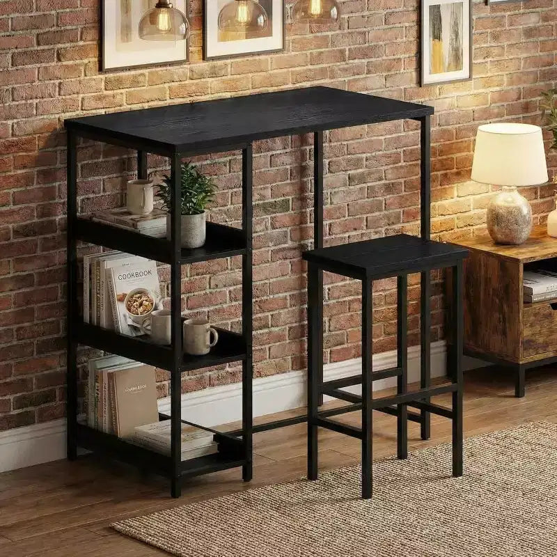 Ensemble de table de cuisine 3 pièces avec étagères de rangement et 2 tabourets de bar - Table à manger en fer et bois pour petits espaces, appartements, copropriétés