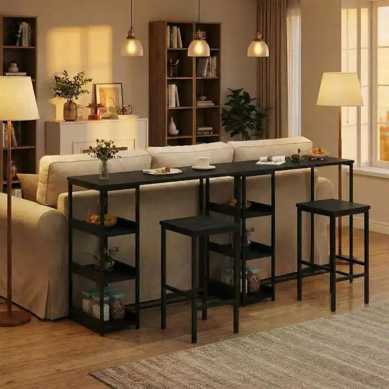 Ensemble de table de cuisine 3 pièces avec étagères de rangement et 2 tabourets de bar - Table à manger en fer et bois pour petits espaces, appartements, copropriétés