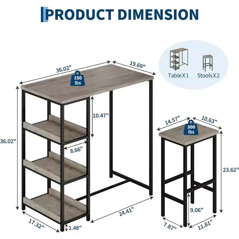 Ensemble de table de cuisine 3 pièces avec étagères de rangement et 2 tabourets de bar - Table à manger en fer et bois pour petits espaces, appartements, copropriétés