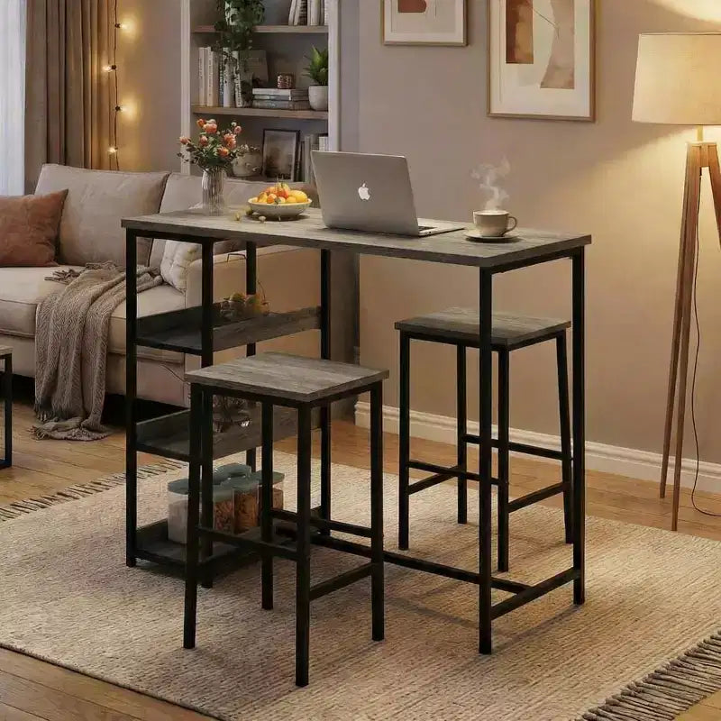 Ensemble de table de cuisine 3 pièces avec étagères de rangement et 2 tabourets de bar - Table à manger en fer et bois pour petits espaces, appartements, copropriétés
