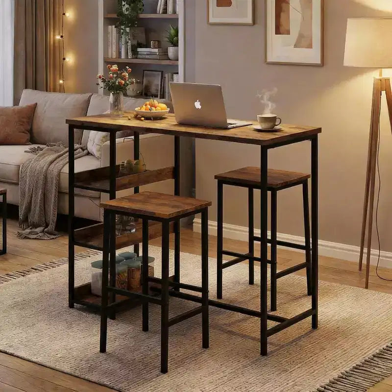 Ensemble de table de cuisine 3 pièces avec étagères de rangement et 2 tabourets de bar - Table à manger en fer et bois pour petits espaces, appartements, copropriétés