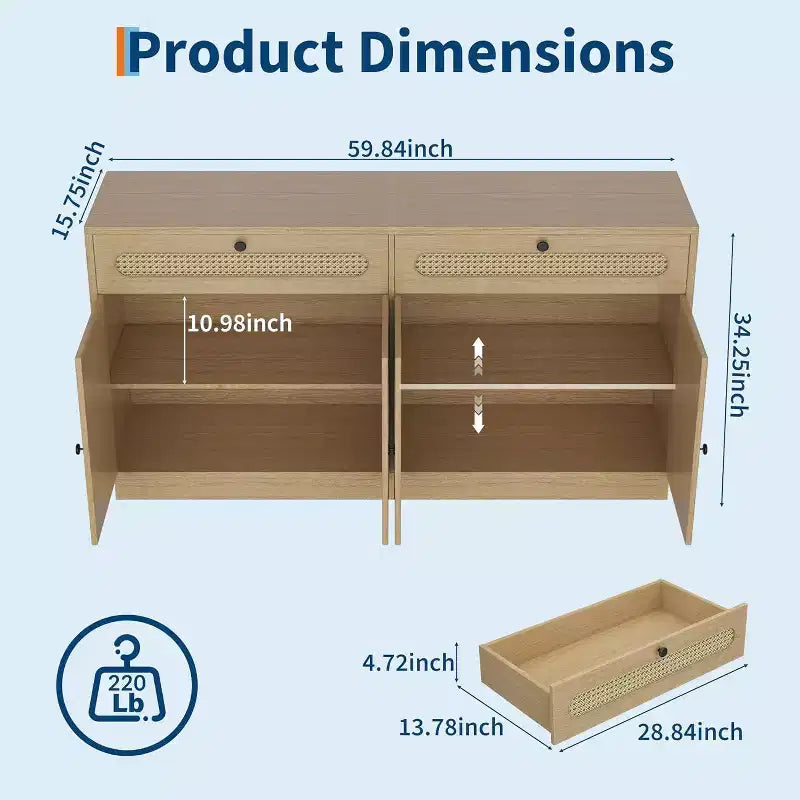 Meuble de bar à café avec portes en rotin, buffet de 152 cm avec rangement, meuble d'appoint avec étagères réglables sur 3 niveaux pour la maison