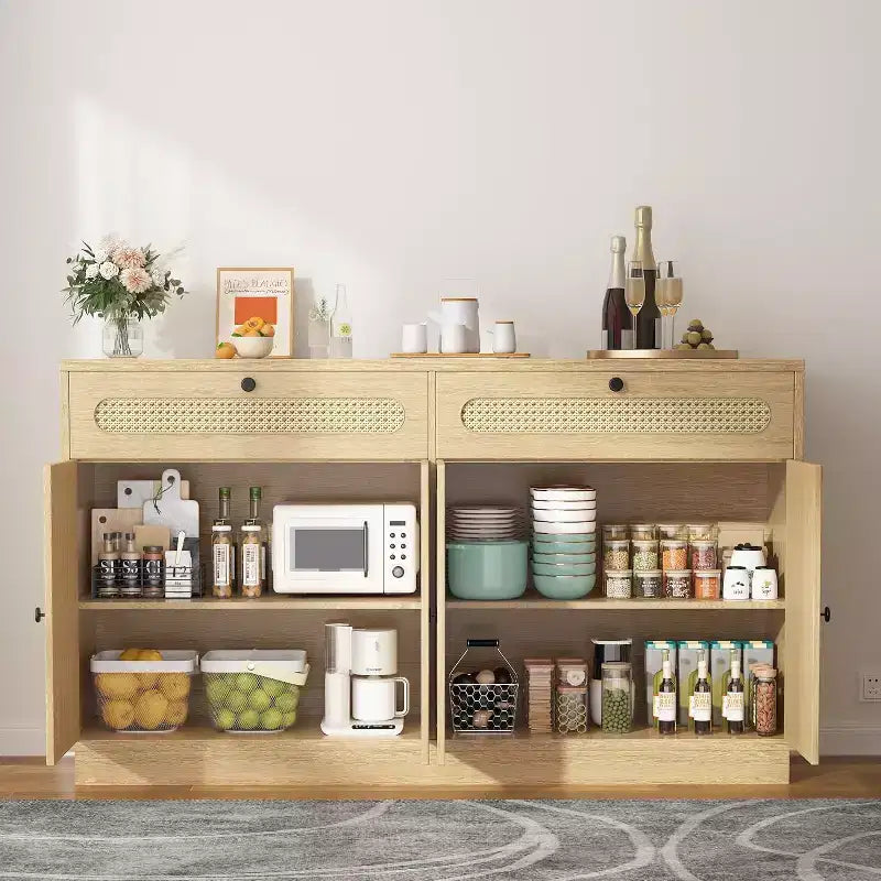 Meuble de bar à café avec portes en rotin, buffet de 152 cm avec rangement, meuble d'appoint avec étagères réglables sur 3 niveaux pour la maison