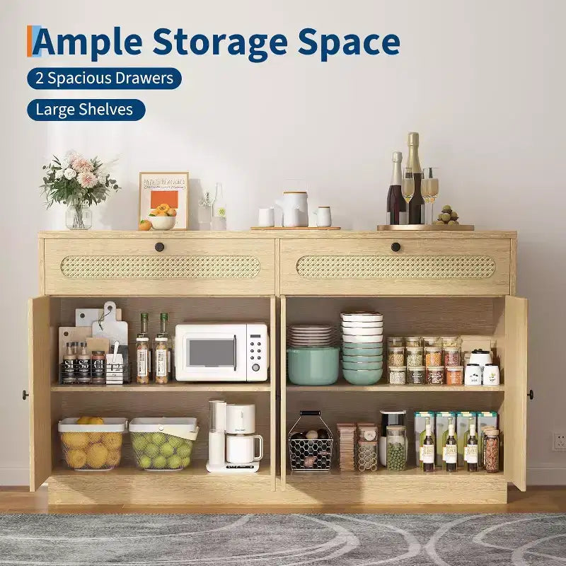 Meuble de bar à café avec portes en rotin, buffet de 152 cm avec rangement, meuble d'appoint avec étagères réglables sur 3 niveaux pour la maison
