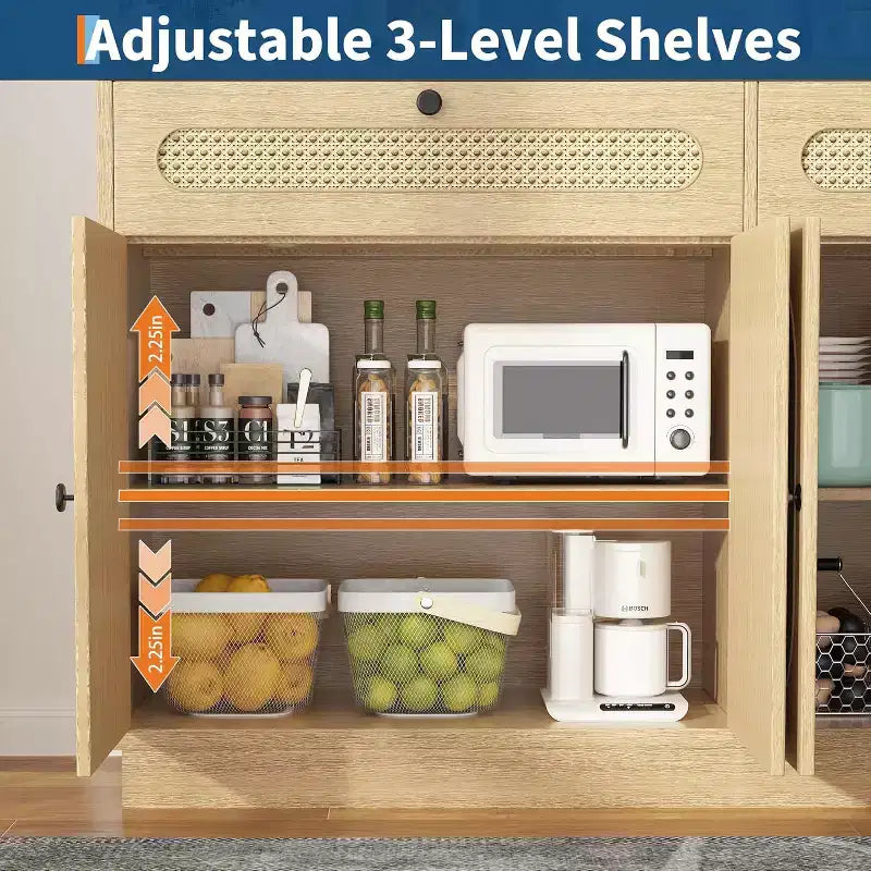 Meuble de bar à café avec portes en rotin, buffet de 152 cm avec rangement, meuble d'appoint avec étagères réglables sur 3 niveaux pour la maison
