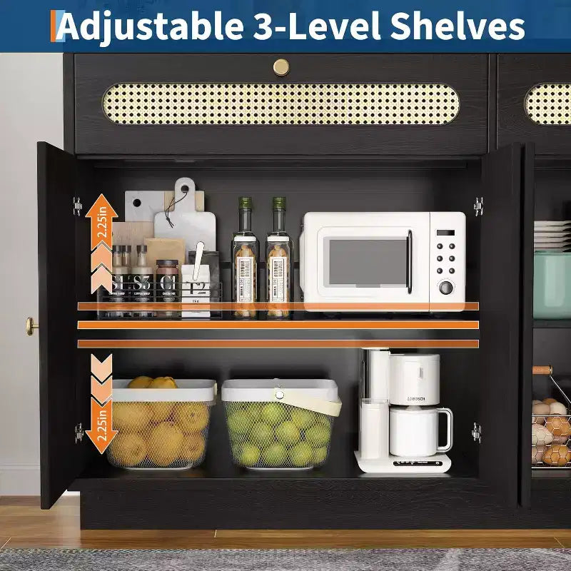 Meuble de bar à café avec portes en rotin, buffet de 152 cm avec rangement, meuble d'appoint avec étagères réglables sur 3 niveaux pour la maison