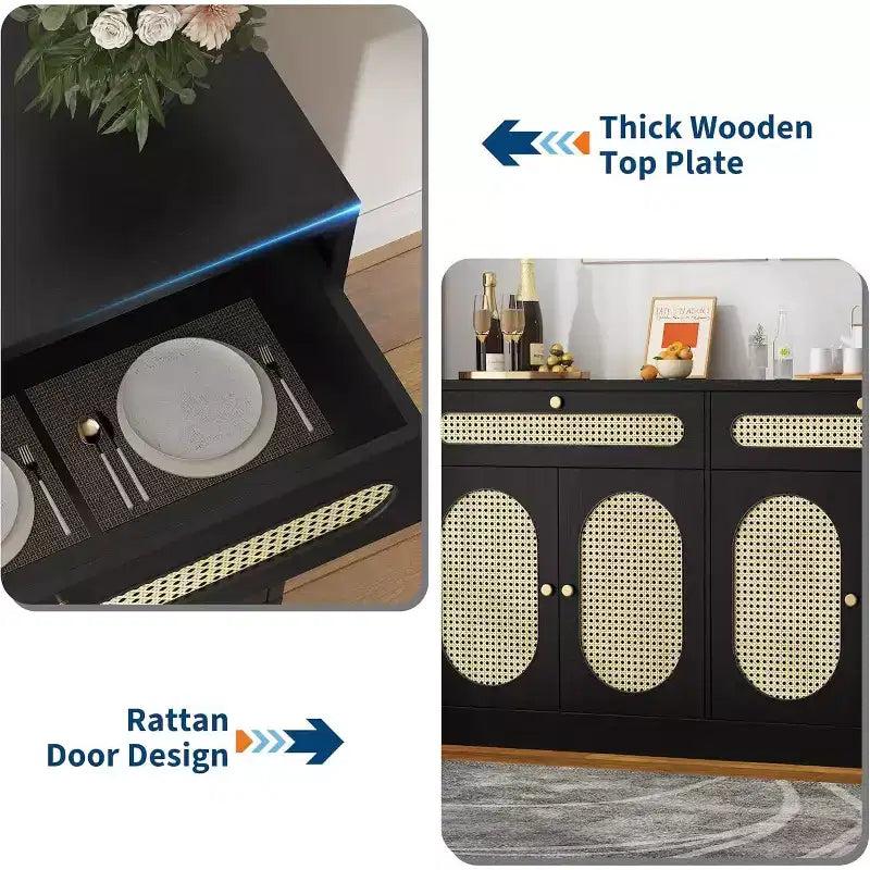 Meuble de bar à café avec portes en rotin, buffet de 152 cm avec rangement, meuble d'appoint avec étagères réglables sur 3 niveaux pour la maison