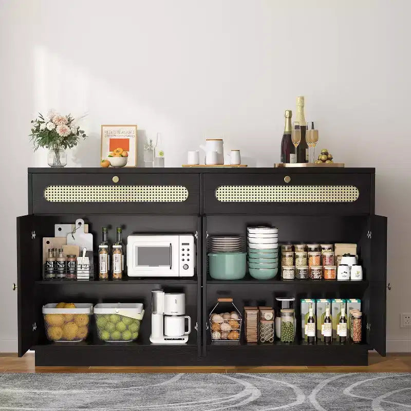 Meuble de bar à café avec portes en rotin, buffet de 152 cm avec rangement, meuble d'appoint avec étagères réglables sur 3 niveaux pour la maison