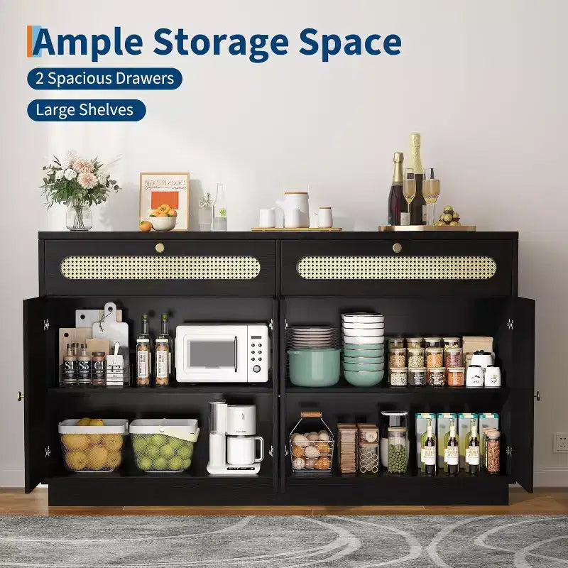 Meuble de bar à café avec portes en rotin, buffet de 152 cm avec rangement, meuble d'appoint avec étagères réglables sur 3 niveaux pour la maison
