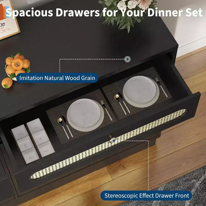 Meuble de bar à café avec portes en rotin, buffet de 152 cm avec rangement, meuble d'appoint avec étagères réglables sur 3 niveaux pour la maison