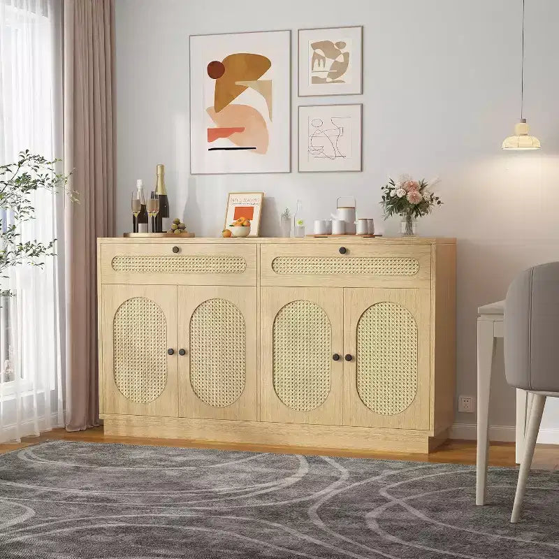 Meuble de bar à café avec portes en rotin, buffet de 152 cm avec rangement, meuble d'appoint avec étagères réglables sur 3 niveaux pour la maison