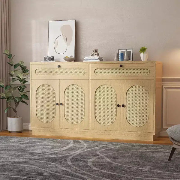 Meuble de bar à café avec portes en rotin, buffet de 152 cm avec rangement, meuble d'appoint avec étagères réglables sur 3 niveaux pour la maison
