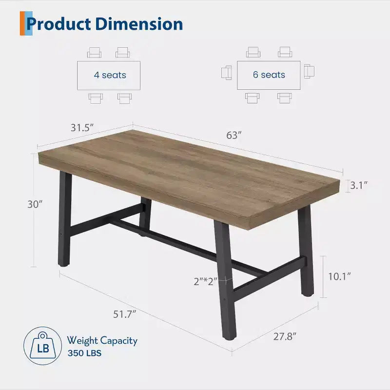 Table à manger industrielle en bois pour 4-6 personnes, table de cuisine rectangulaire de 160 cm avec pieds en métal, table à dîner pour salle à manger, sans chaises