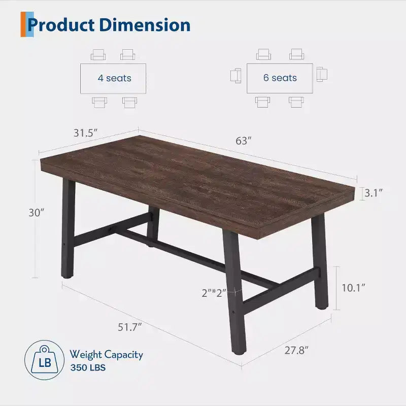 Table à manger industrielle en bois pour 4-6 personnes, table de cuisine rectangulaire de 160 cm avec pieds en métal, table à dîner pour salle à manger, sans chaises