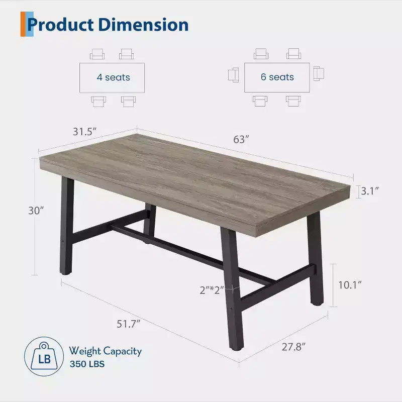Table à manger industrielle en bois pour 4-6 personnes, table de cuisine rectangulaire de 160 cm avec pieds en métal, table à dîner pour salle à manger, sans chaises