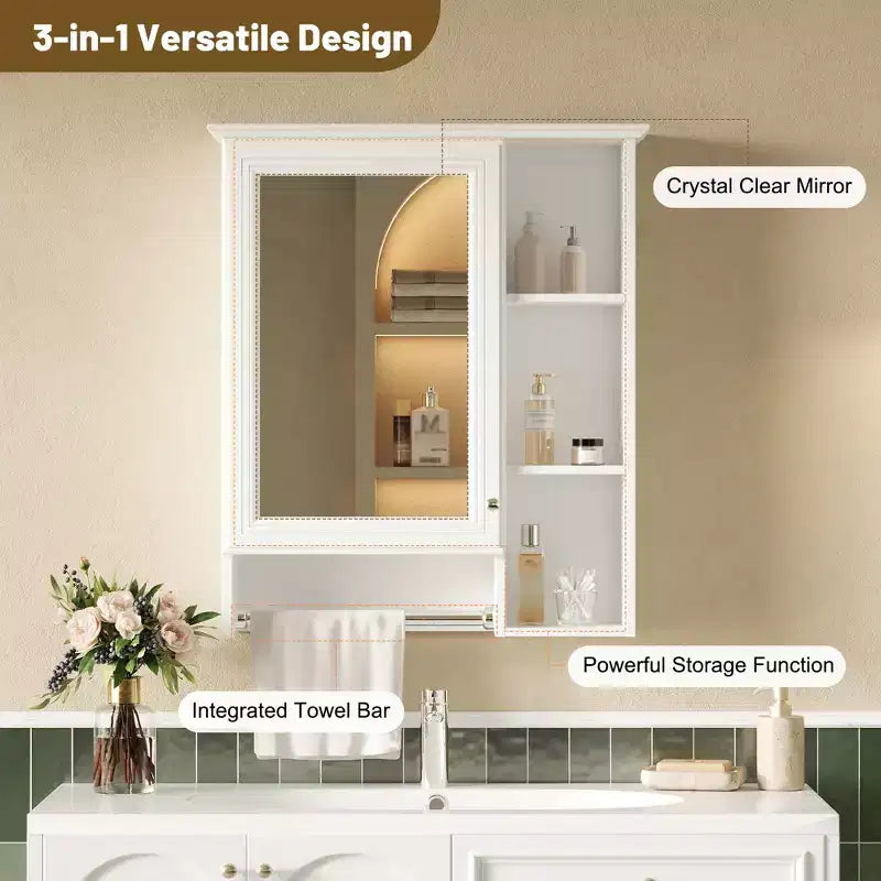 Armoire de toilette minimaliste 3-en-1 de 61 cm avec miroir haute définition et porte-serviettes