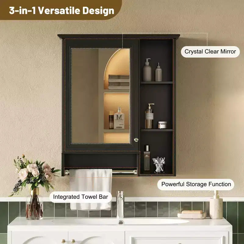 Armoire de toilette minimaliste 3-en-1 de 61 cm avec miroir haute définition et porte-serviettes
