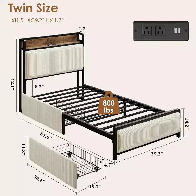 Lit plate-forme Twin XL avec 2 tiroirs de rangement et tête de lit avec port de charge, Lin rustique, 800 lb