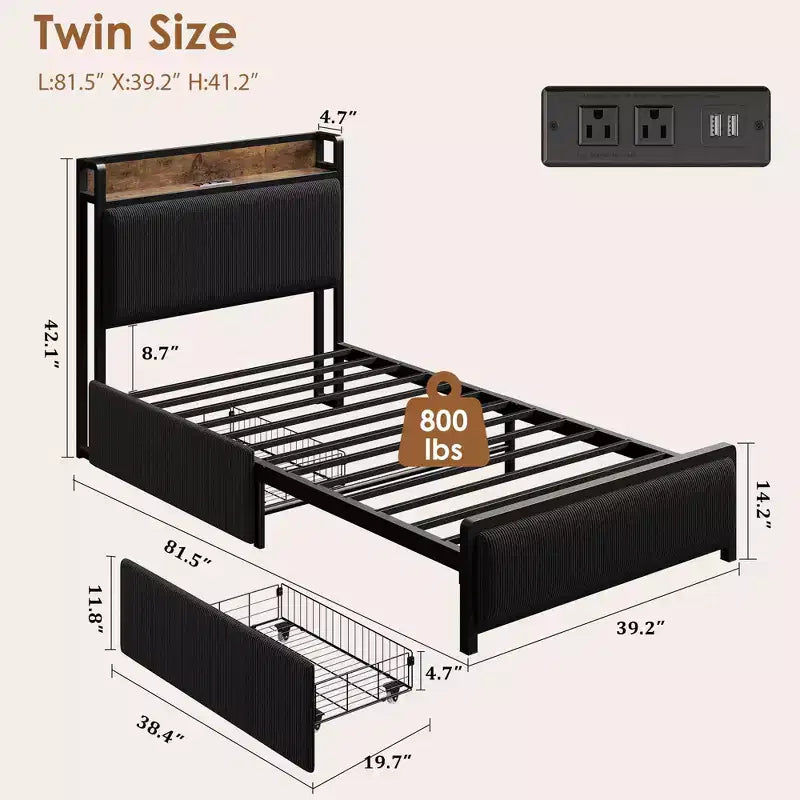 Lit plate-forme Twin XL avec 2 tiroirs de rangement et tête de lit avec port de charge, Lin rustique, 800 lb