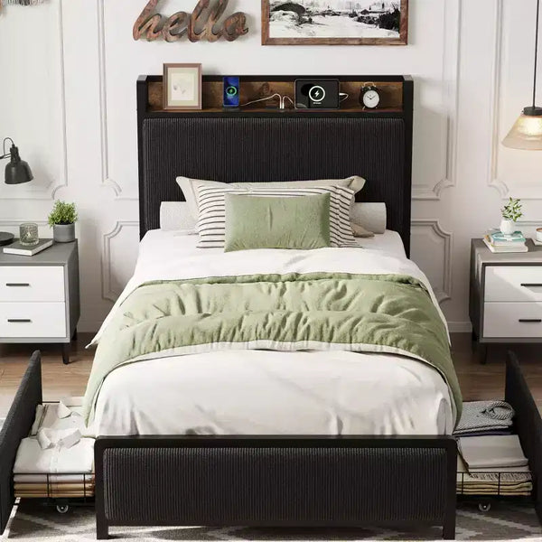 Twin XL Platform Bed Frame with 2 Storage Drawers & Charging Headboard - Rustic Linen Upholstery, 800lb Heavy Duty Support, USB-C/USB Ports Include
