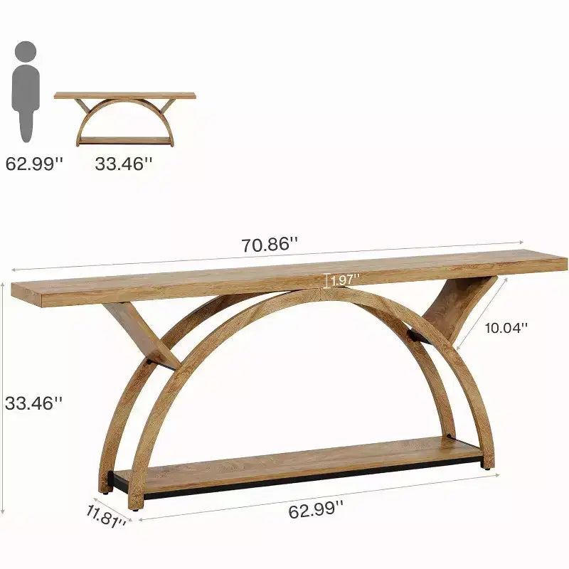 Console industrielle/table de canapé de 179,9 cm avec étagères de rangement à 2 niveaux, marron clair
