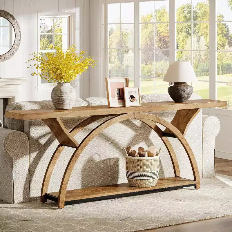 Console industrielle/table de canapé de 179,9 cm avec étagères de rangement à 2 niveaux, marron clair