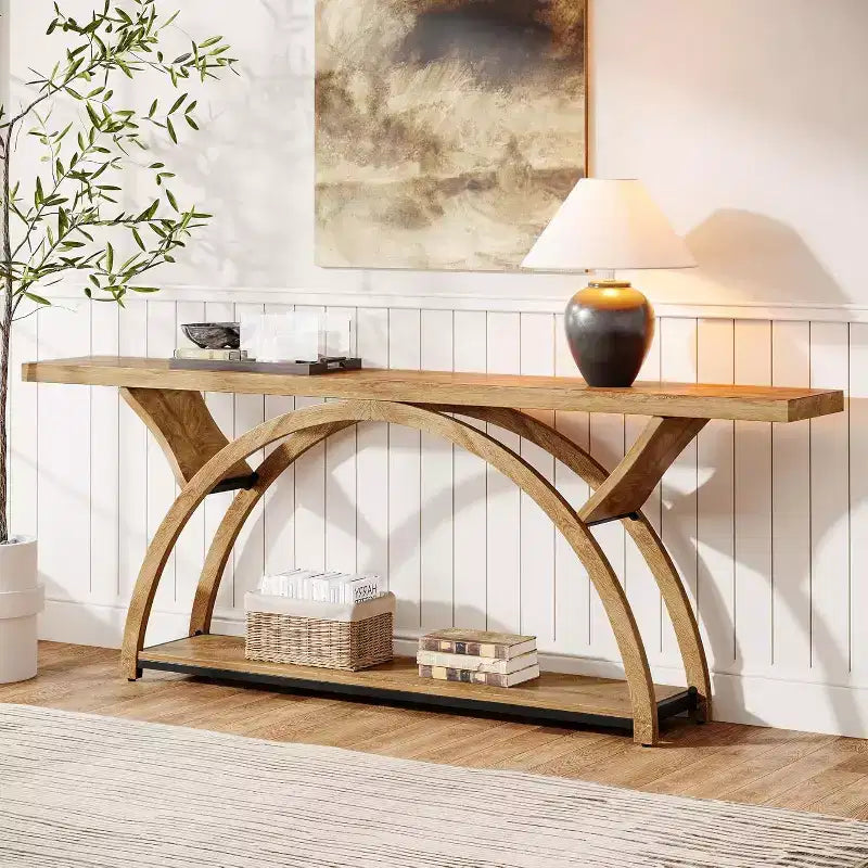 Console industrielle/table de canapé de 179,9 cm avec étagères de rangement à 2 niveaux, marron clair