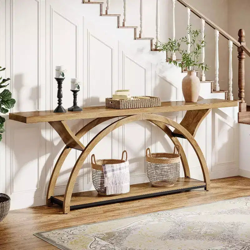 Console industrielle/table de canapé de 179,9 cm avec étagères de rangement à 2 niveaux, marron clair