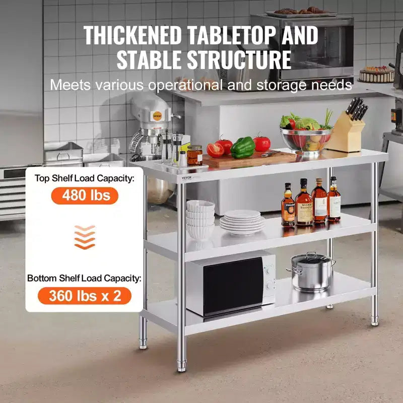 Table de préparation alimentaire en acier inoxydable de 34" avec 2 étagères inférieures réglables, robuste, argentée
