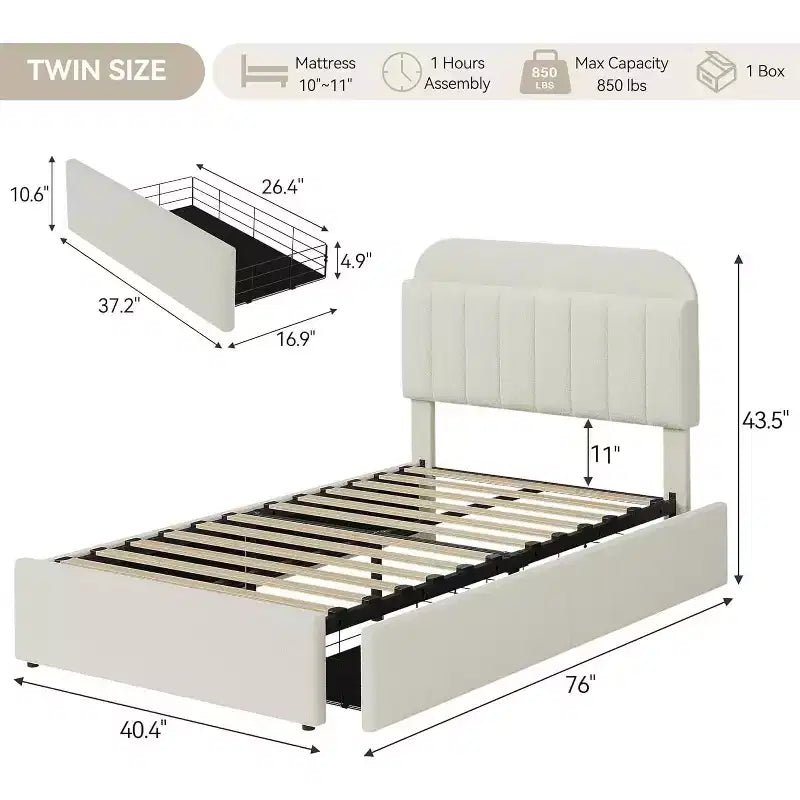 Cadre de lit simple, montage facile, design peu encombrant pour salon et chambre d'amis, beige