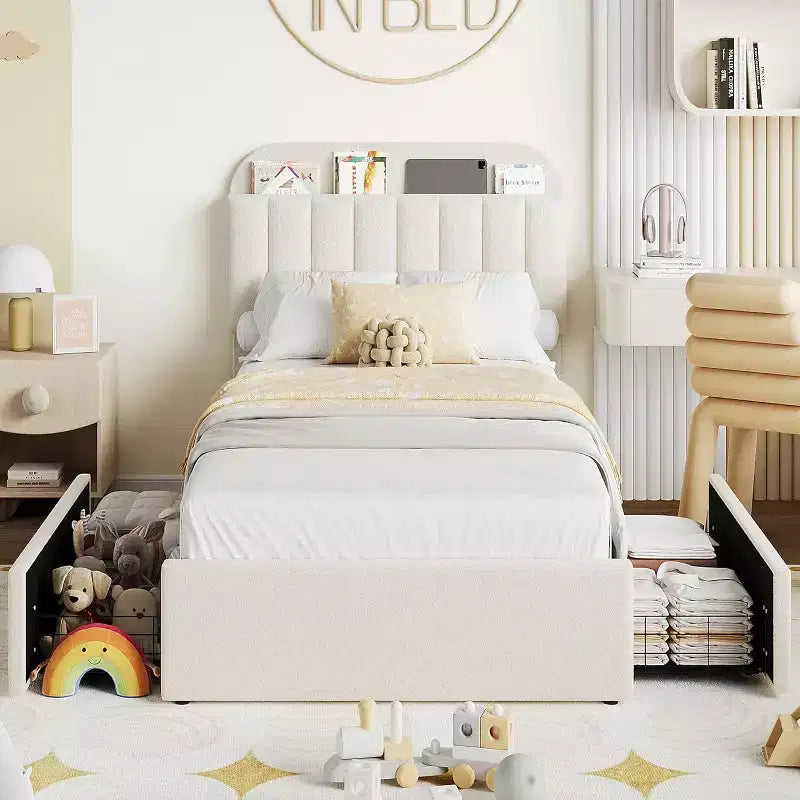 Cadre de lit simple, montage facile, design peu encombrant pour salon et chambre d'amis, beige