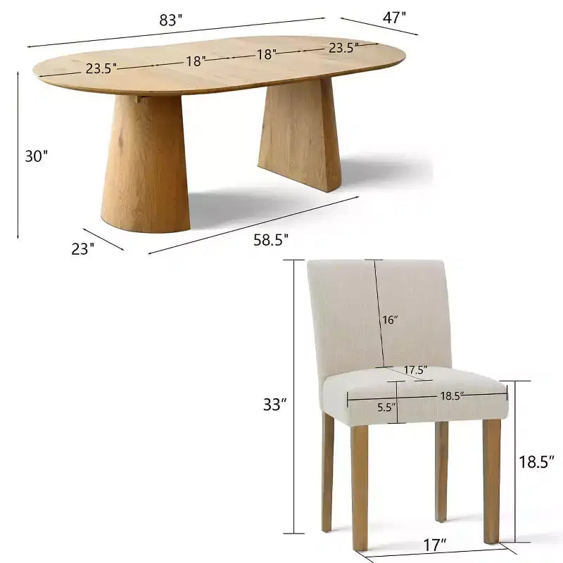 Ensemble de salle à manger extensible 47-83 pour 6 personnes, table en bois naturel et 6 chaises sans accoudoirs en lin avec pieds en bois massif pour salle à manger-Panipeachy