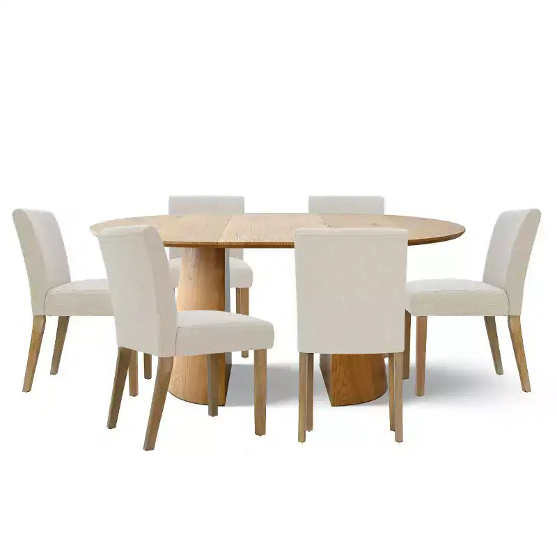 Ensemble de salle à manger extensible 47-83 pour 6 personnes, table en bois naturel et 6 chaises sans accoudoirs en lin avec pieds en bois massif pour salle à manger-Panipeachy