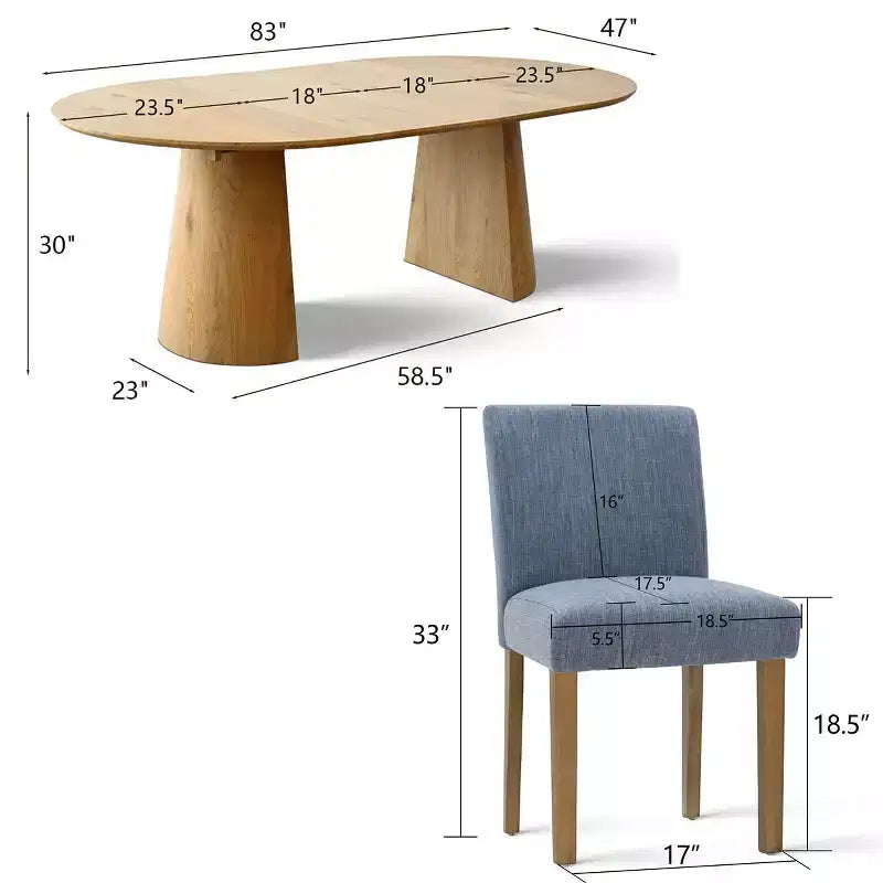 Ensemble de salle à manger extensible 47-83 pour 6 personnes, table en bois naturel et 6 chaises sans accoudoirs en lin avec pieds en bois massif pour salle à manger-Panipeachy
