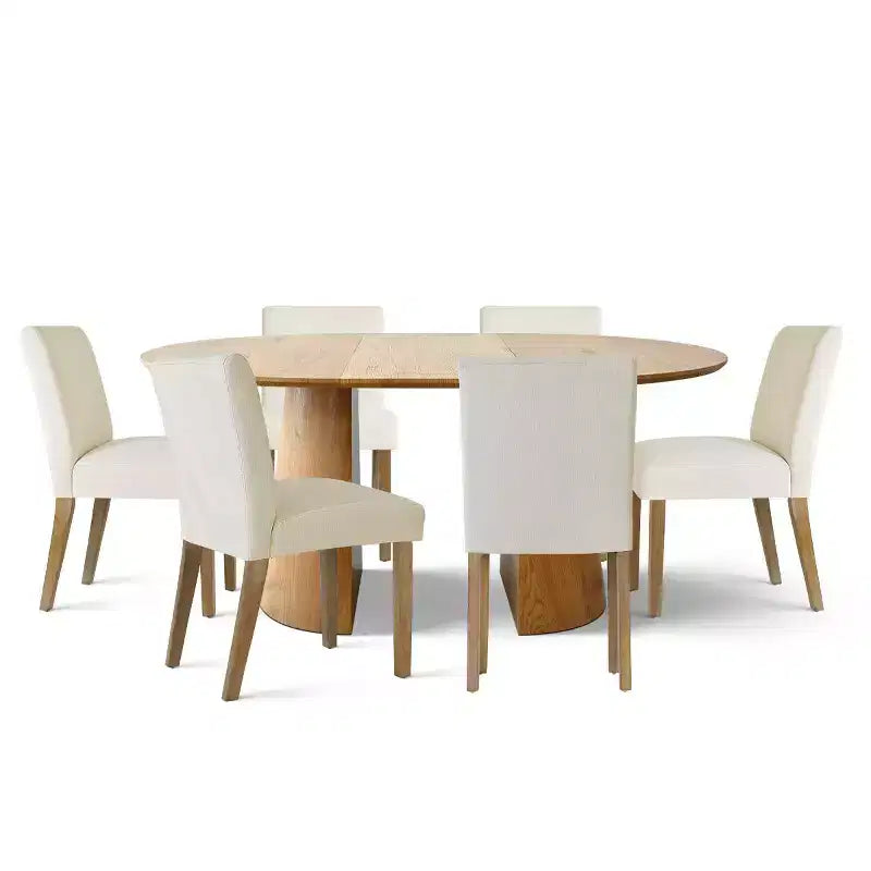 Ensemble de salle à manger extensible 47-83 pour 6 personnes, table en bois naturel et 6 chaises sans accoudoirs en lin avec pieds en bois massif pour salle à manger-Panipeachy