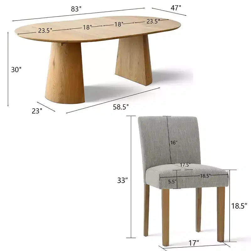 Ensemble de salle à manger extensible 47-83 pour 6 personnes, table en bois naturel et 6 chaises sans accoudoirs en lin avec pieds en bois massif pour salle à manger-Panipeachy