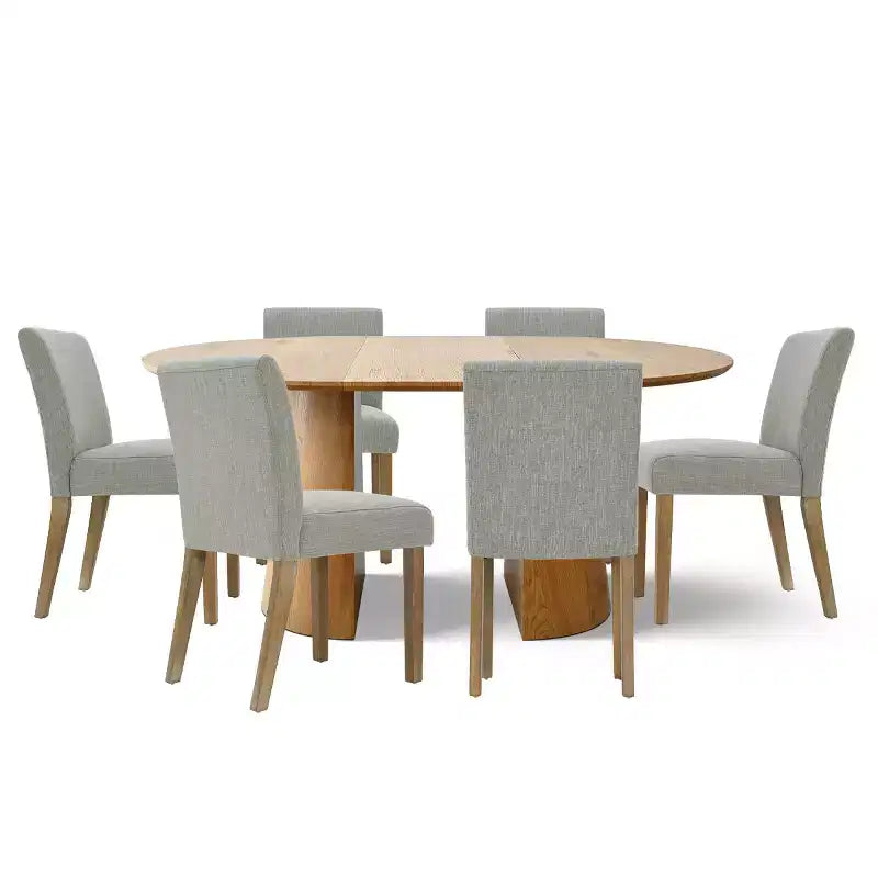 Ensemble de salle à manger extensible 47-83 pour 6 personnes, table en bois naturel et 6 chaises sans accoudoirs en lin avec pieds en bois massif pour salle à manger-Panipeachy