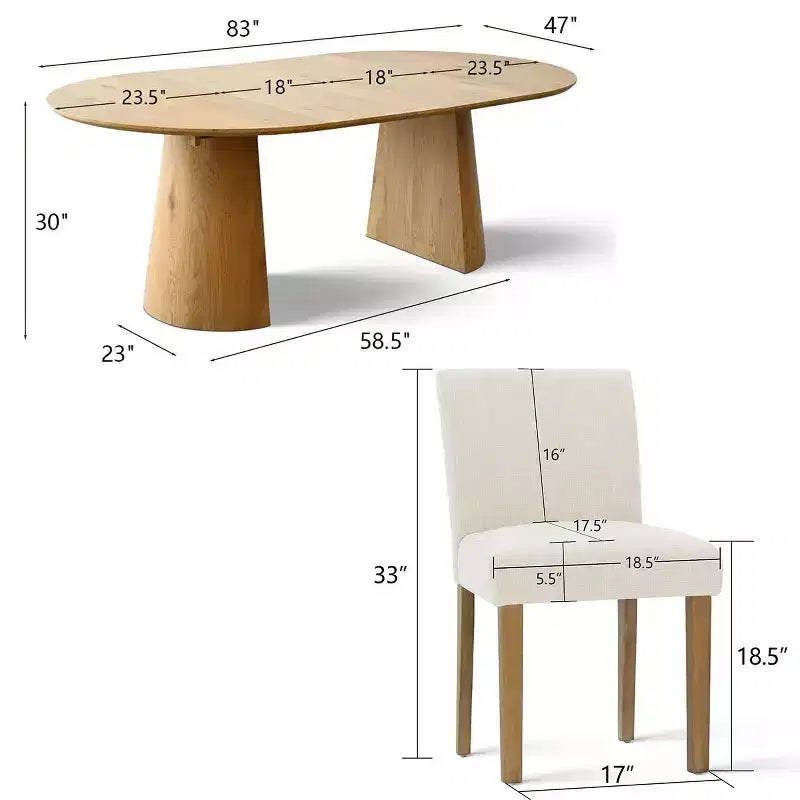 Ensemble de salle à manger extensible 47-83 pour 6 personnes, table en bois naturel et 6 chaises sans accoudoirs en lin avec pieds en bois massif pour salle à manger-Panipeachy