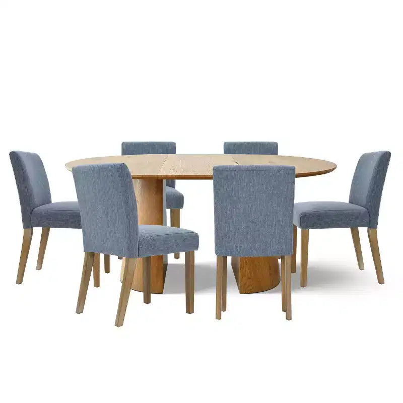 Ensemble de salle à manger extensible 47-83 pour 6 personnes, table en bois naturel et 6 chaises sans accoudoirs en lin avec pieds en bois massif pour salle à manger-Panipeachy