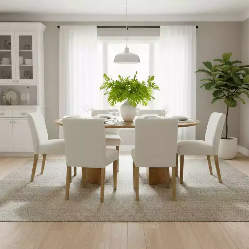 Ensemble de salle à manger extensible 47-83 pour 6 personnes, table en bois naturel et 6 chaises sans accoudoirs en lin avec pieds en bois massif pour salle à manger-Panipeachy