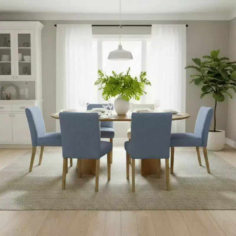 47-83 Extendable Dining Table Set for 6, Natural Wood-Tone Table and 6 Linen Armless Chairs with Solid Wood Legs for Dining Room-Panipeachy