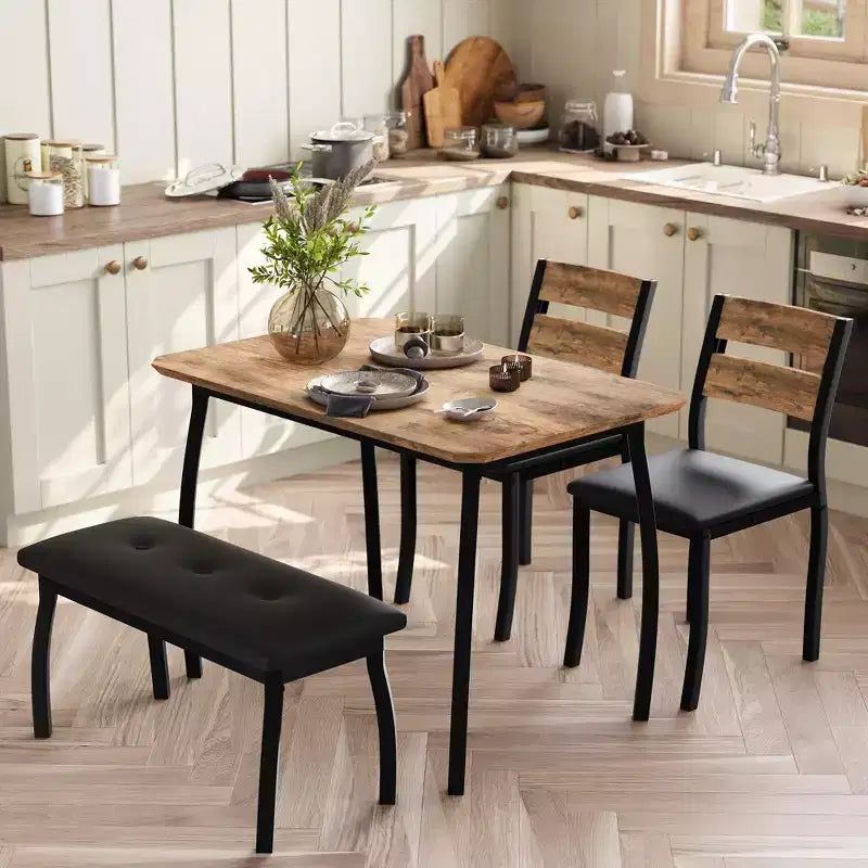 Ensemble table de salle à manger pour 4, table de cuisine robuste en bois avec conception à chanfrein et pieds en métal, banc rembourré et 2 chaises de salle à manger classiques, ensemble de cuisine et de salle à manger