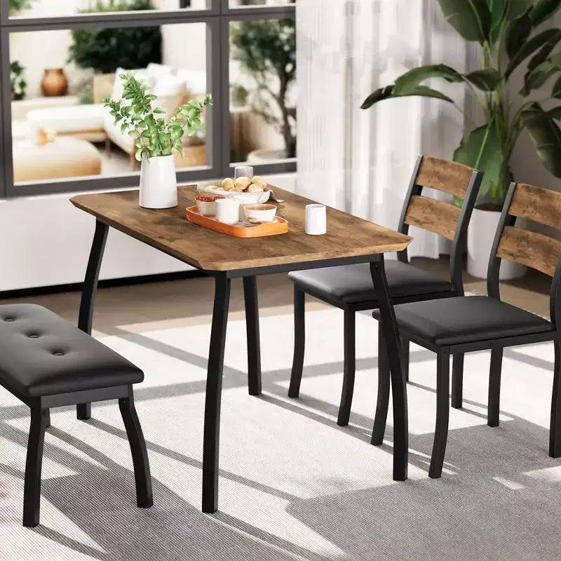 Ensemble table de salle à manger pour 4, table de cuisine robuste en bois avec conception à chanfrein et pieds en métal, banc rembourré et 2 chaises de salle à manger classiques, ensemble de cuisine et de salle à manger