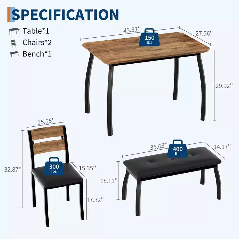 Ensemble table de salle à manger pour 4, table de cuisine robuste en bois avec conception à chanfrein et pieds en métal, banc rembourré et 2 chaises de salle à manger classiques, ensemble de cuisine et de salle à manger