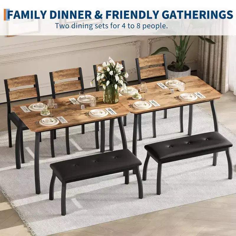 Ensemble table de salle à manger pour 4, table de cuisine robuste en bois avec conception à chanfrein et pieds en métal, banc rembourré et 2 chaises de salle à manger classiques, ensemble de cuisine et de salle à manger