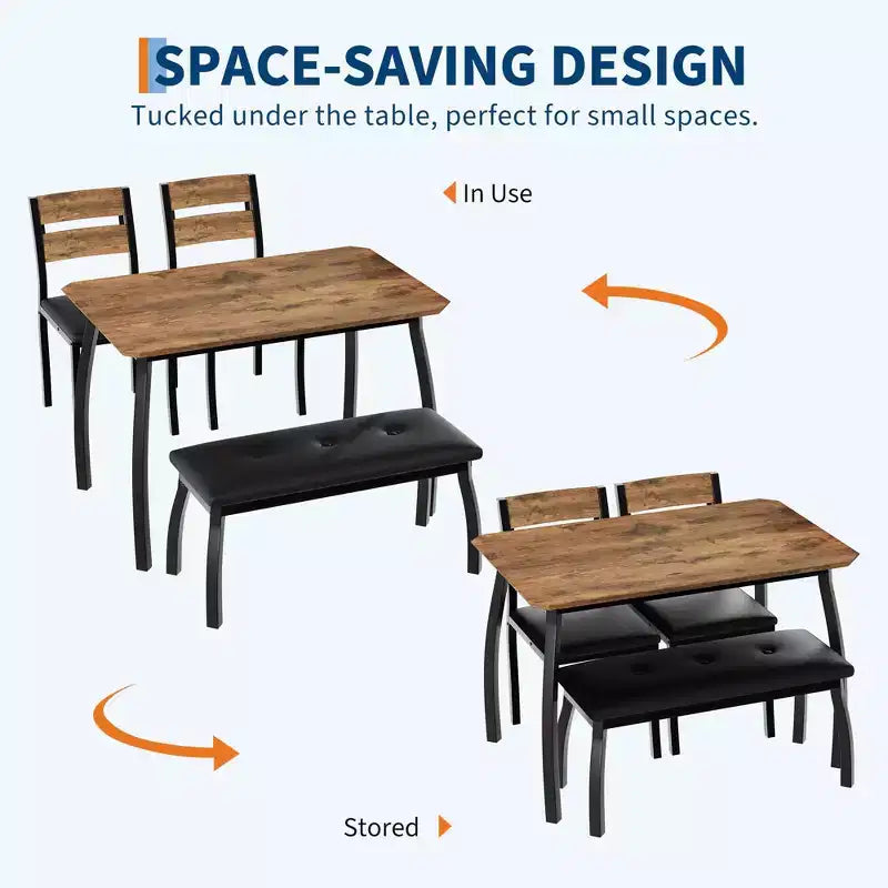 Ensemble table de salle à manger pour 4, table de cuisine robuste en bois avec conception à chanfrein et pieds en métal, banc rembourré et 2 chaises de salle à manger classiques, ensemble de cuisine et de salle à manger