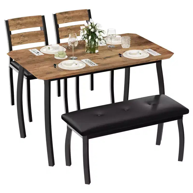 Ensemble table de salle à manger pour 4, table de cuisine robuste en bois avec conception à chanfrein et pieds en métal, banc rembourré et 2 chaises de salle à manger classiques, ensemble de cuisine et de salle à manger