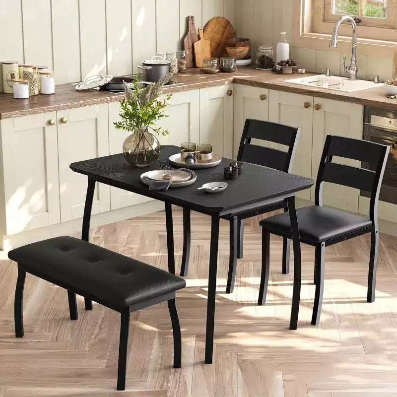 Ensemble table de salle à manger pour 4, table de cuisine robuste en bois avec conception à chanfrein et pieds en métal, banc rembourré et 2 chaises de salle à manger classiques, ensemble de cuisine et de salle à manger