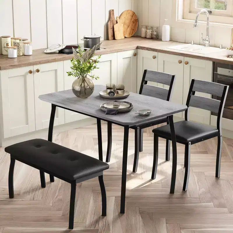 Ensemble table de salle à manger pour 4, table de cuisine robuste en bois avec conception à chanfrein et pieds en métal, banc rembourré et 2 chaises de salle à manger classiques, ensemble de cuisine et de salle à manger